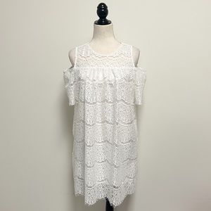 Umgee White Lace Overlay Cold Shoulder Short Sleeve Oversized A Line Dress Small